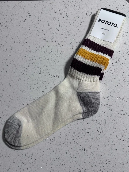 RoToTo Retro Coarse Ribbed Old School Crew Socks in Gold & Bourdeaux NWT - Picture 7 of 12
